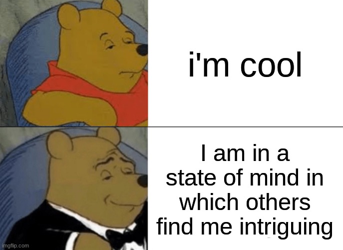 Tuxedo Winnie The Pooh | i'm cool; I am in a state of mind in which others find me intriguing | image tagged in memes,tuxedo winnie the pooh | made w/ Imgflip meme maker