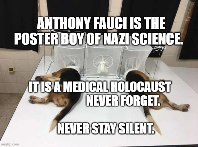 Anthony Fauci Loves Dogs and People | ANTHONY FAUCI IS THE POSTER BOY OF NAZI SCIENCE. IT IS A MEDICAL HOLOCAUST                      NEVER FORGET. 
                             NEVER STAY SILENT. | image tagged in anthony fauci loves dogs and people | made w/ Imgflip meme maker