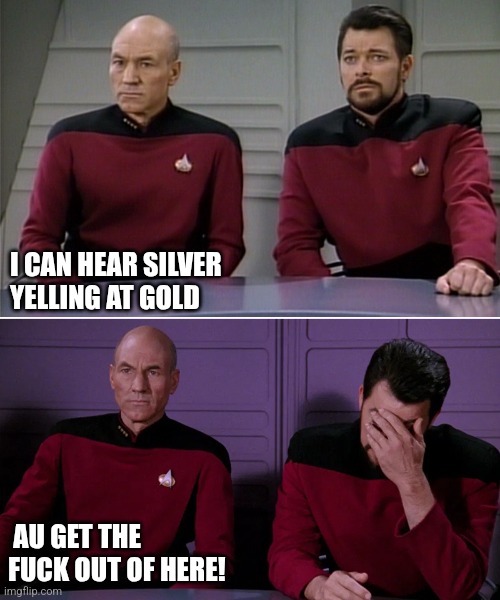 Fu bling bling | I CAN HEAR SILVER YELLING AT GOLD; AU GET THE FUCK OUT OF HERE! | image tagged in picard riker listening to a pun | made w/ Imgflip meme maker