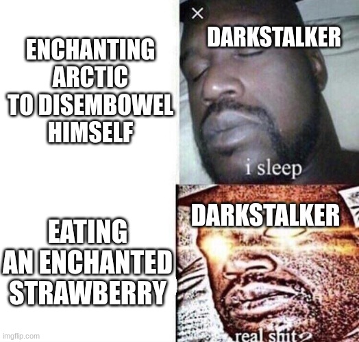 i sleep real shit | ENCHANTING ARCTIC TO DISEMBOWEL HIMSELF; DARKSTALKER; EATING AN ENCHANTED STRAWBERRY; DARKSTALKER | image tagged in i sleep real shit | made w/ Imgflip meme maker