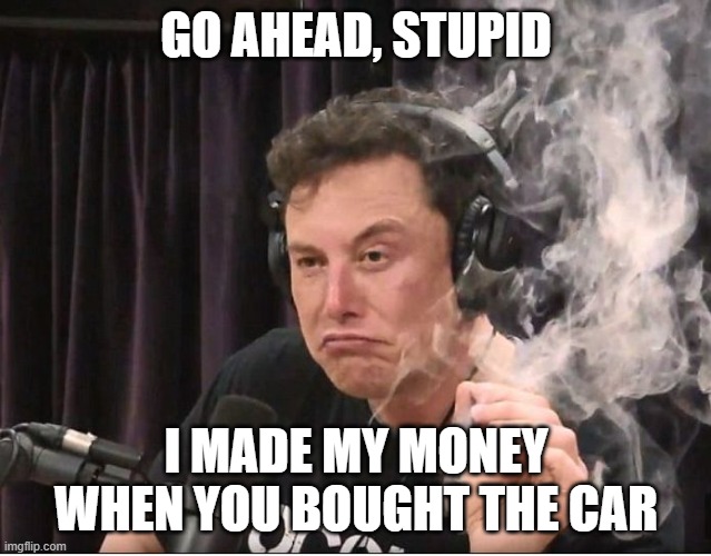 Elon Musk smoking a joint | GO AHEAD, STUPID I MADE MY MONEY WHEN YOU BOUGHT THE CAR | image tagged in elon musk smoking a joint | made w/ Imgflip meme maker