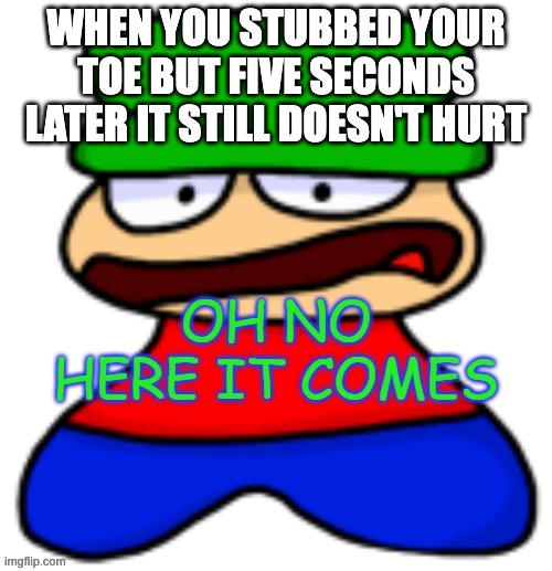 Stubbing your toe | WHEN YOU STUBBED YOUR TOE BUT FIVE SECONDS LATER IT STILL DOESN'T HURT | image tagged in oh no here it comes | made w/ Imgflip meme maker