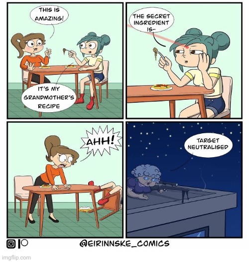 Secret ingredient | image tagged in secret ingredient,spaghetti,grandma,gun,comics,comics/cartoons | made w/ Imgflip meme maker