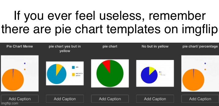 So glad people make these why would I ever use the chart maker again? | If you ever feel useless, remember there are pie chart templates on imgflip | image tagged in memes,funny,pie charts,if you ever feel useless remember this | made w/ Imgflip meme maker