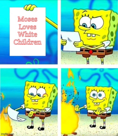 Spongebob Burn Note | Moses Loves White Children | image tagged in spongebob burn note,moses loves white children | made w/ Imgflip meme maker