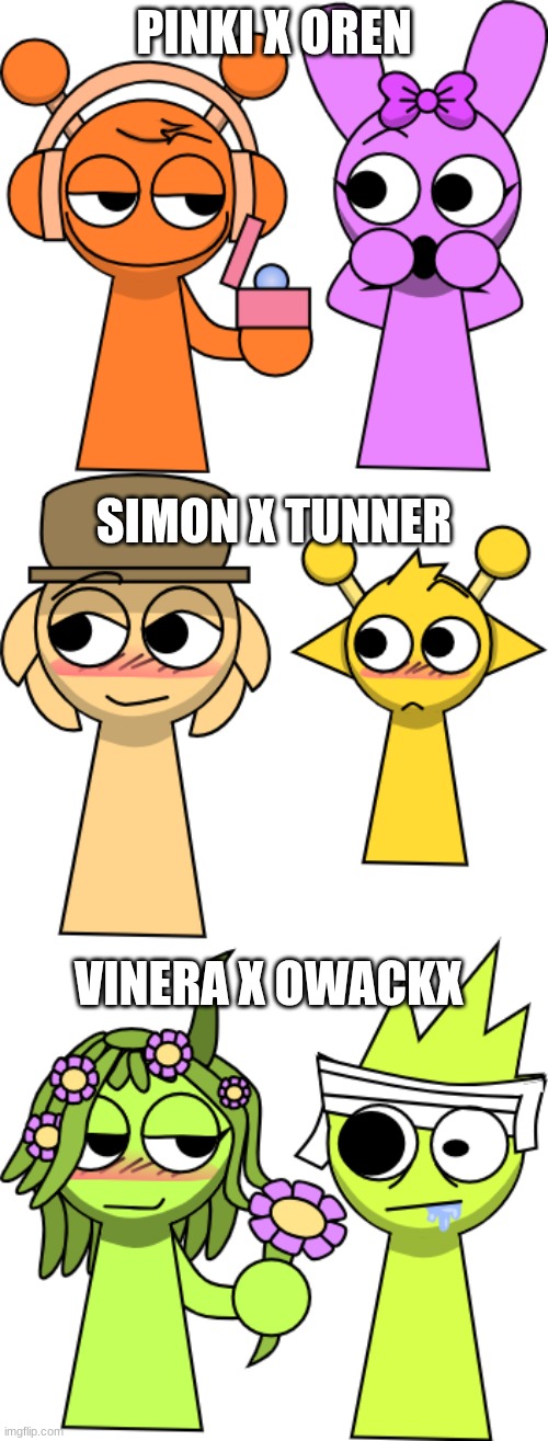 favorite ship? (gray x wenda not included) | PINKI X OREN; SIMON X TUNNER; VINERA X OWACKX | image tagged in green,lime,tan,orange,pink,yellow | made w/ Imgflip meme maker