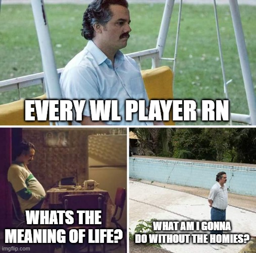 Sad Pablo Escobar Meme | EVERY WL PLAYER RN; WHATS THE MEANING OF LIFE? WHAT AM I GONNA DO WITHOUT THE HOMIES? | image tagged in memes,sad pablo escobar | made w/ Imgflip meme maker