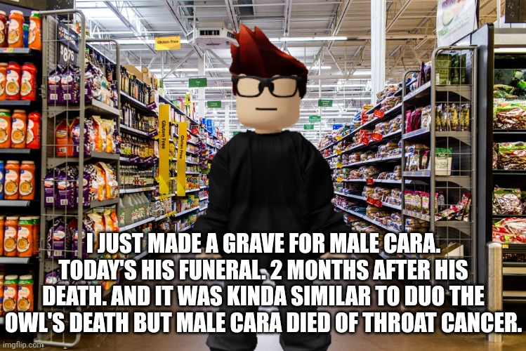 Male Cara's grave is made. Everyone paid tributes. | I JUST MADE A GRAVE FOR MALE CARA.
TODAY'S HIS FUNERAL. 2 MONTHS AFTER HIS DEATH. AND IT WAS KINDA SIMILAR TO DUO THE OWL'S DEATH BUT MALE CARA DIED OF THROAT CANCER. | image tagged in mc,cribmart,male cara,death,rip,funeral | made w/ Imgflip meme maker