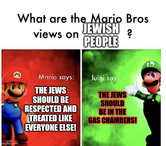 An offensive meme | JEWISH PEOPLE; THE JEWS SHOULD BE IN THE GAS CHAMBERS! THE JEWS SHOULD BE RESPECTED AND TREATED LIKE EVERYONE ELSE! | image tagged in mario bros views,offensive | made w/ Imgflip meme maker