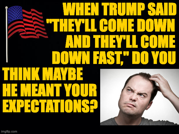 I did warn you that Trump makes up a lot of his 'facts'. | WHEN TRUMP SAID
                "THEY'LL COME DOWN
                       AND THEY'LL COME
                  DOWN FAST," DO YOU
THINK MAYBE
HE MEANT YOUR
EXPECTATIONS? | image tagged in memes,trump | made w/ Imgflip meme maker