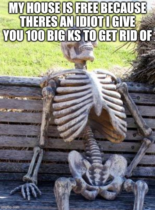 Waiting Skeleton | MY HOUSE IS FREE BECAUSE THERES AN IDIOT I GIVE YOU 100 BIG KS TO GET RID OF | image tagged in memes,waiting skeleton | made w/ Imgflip meme maker