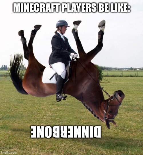 Horse upside down | MINECRAFT PLAYERS BE LIKE:; DINNERBONE | image tagged in horse upside down | made w/ Imgflip meme maker