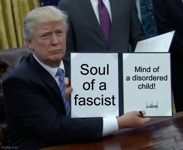Trump Bill Signing Meme | Soul of a fascist; Mind of a disordered child! | image tagged in memes,trump bill signing | made w/ Imgflip meme maker