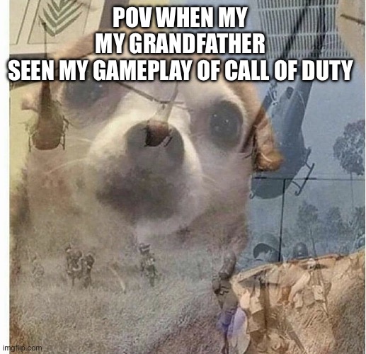 my grandfather see my call of duty gameplay | POV WHEN MY MY GRANDFATHER SEEN MY GAMEPLAY OF CALL OF DUTY | image tagged in ptsd chihuahua,memes | made w/ Imgflip meme maker