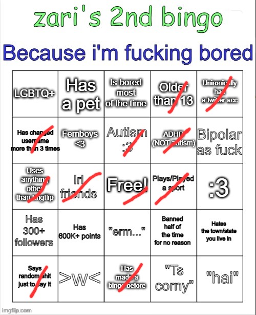 I'm failed bingo | image tagged in zari's 2nd bingo | made w/ Imgflip meme maker