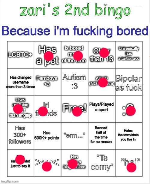 Fuck, no bingo ( ._.) | image tagged in zari's 2nd bingo | made w/ Imgflip meme maker