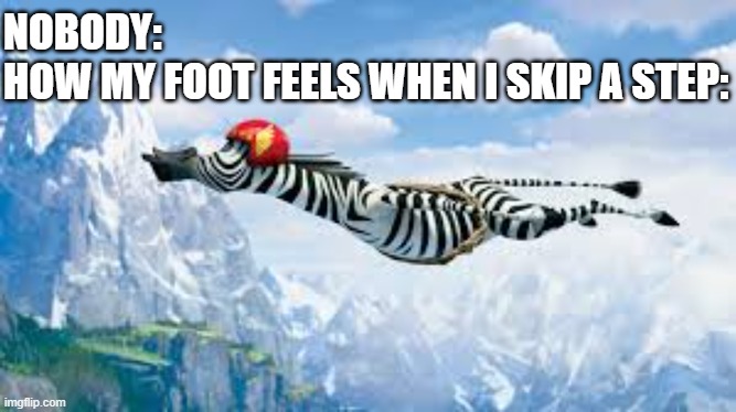 I believe I can fly! | NOBODY:
HOW MY FOOT FEELS WHEN I SKIP A STEP: | image tagged in marty madagascar,i believe i can fly,foot,teehee,memes,lol so funny | made w/ Imgflip meme maker