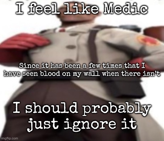 Hopefully it’s just my brain messing with me | I feel like Medic; Since it has been a few times that I have seen blood on my wall when there isn’t; I should probably just ignore it | image tagged in ze medic | made w/ Imgflip meme maker