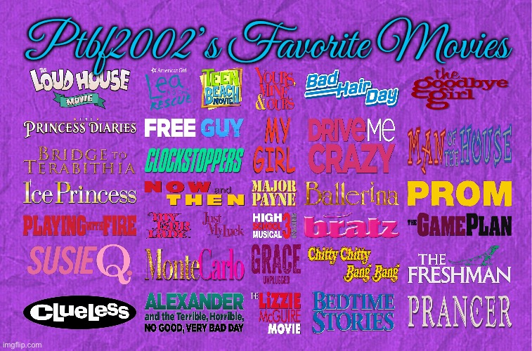 Ptbf2002's Favorite Movies | Ptbf2002’s Favorite Movies | image tagged in generic purple background,movies,clueless,prom,ballerina,the loud house | made w/ Imgflip meme maker