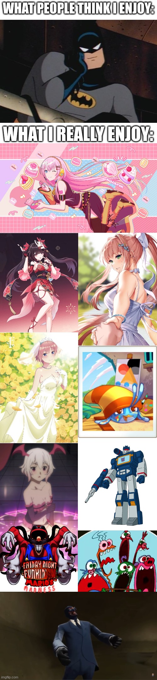 this is just a taste of what is on the list | WHAT PEOPLE THINK I ENJOY:; WHAT I REALLY ENJOY: | image tagged in doki doki literature club,honkai star rail,konosuba,transformers g1,space goofs,quintessential quintuplets | made w/ Imgflip meme maker