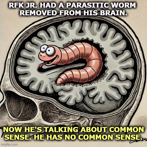 RFK Jr. had his own kids vaccinated. Then he went and killed 83 Samoans. The anti vax thing is just another right wing scam. | RFK JR. HAD A PARASITIC WORM 
REMOVED FROM HIS BRAIN. NOW HE'S TALKING ABOUT COMMON SENSE. HE HAS NO COMMON SENSE. | image tagged in rfk jr brain worm,rfk jr,crazy,greedy,anti vax,hypocrite | made w/ Imgflip meme maker