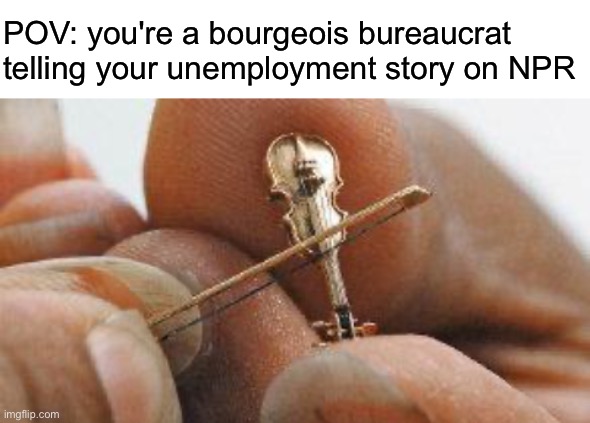 POV: you're a bourgeois bureaucrat telling your unemployment story on NPR | image tagged in worlds smallest violin | made w/ Imgflip meme maker