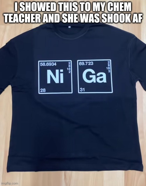 Mods pls dont ban me cuz it doesnt even say the entire n word ? | I SHOWED THIS TO MY CHEM TEACHER AND SHE WAS SHOOK AF | made w/ Imgflip meme maker