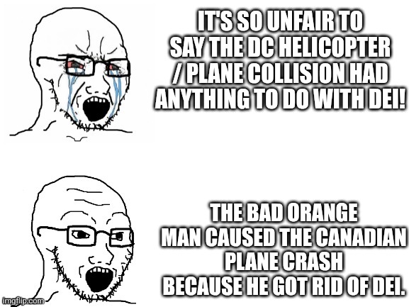 Crying Hypocrite Wojak | IT'S SO UNFAIR TO SAY THE DC HELICOPTER / PLANE COLLISION HAD ANYTHING TO DO WITH DEI! THE BAD ORANGE MAN CAUSED THE CANADIAN PLANE CRASH BECAUSE HE GOT RID OF DEI. | image tagged in crying hypocrite wojak,political meme,donald trump,diversity | made w/ Imgflip meme maker