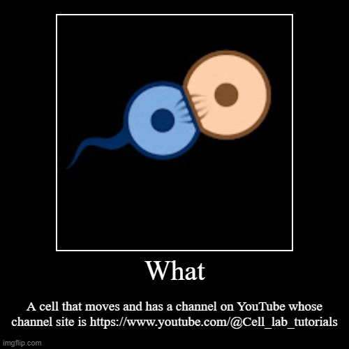 CELL CHANNEL??? | What | A cell that moves and has a channel on YouTube whose channel site is https://www.youtube.com/@Cell_lab_tutorials | image tagged in funny,demotivationals | made w/ Imgflip demotivational maker