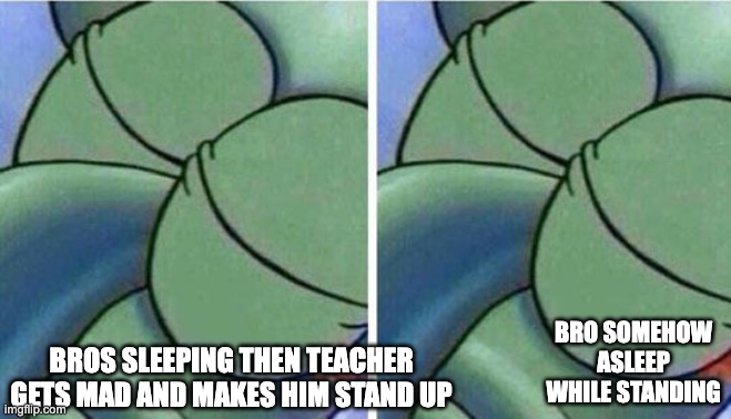 sleeping in class to a whole new level | BRO SOMEHOW ASLEEP WHILE STANDING; BROS SLEEPING THEN TEACHER GETS MAD AND MAKES HIM STAND UP | image tagged in sleeping squidward stays asleep,memes,funny,sleep,next level | made w/ Imgflip meme maker