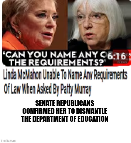 Donald Trump Department of Education | SENATE REPUBLICANS CONFIRMED HER TO DISMANTLE THE DEPARTMENT OF EDUCATION | image tagged in donald trump,linda mcmahon,department of education,republicans,stupid | made w/ Imgflip meme maker