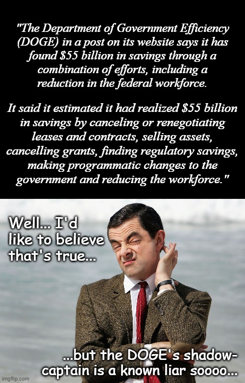 "Objective: justify wrecking the government." *OR* "Fantasious overestimation" *OR* "Yeah, not buying it." | "The Department of Government Efficiency
(DOGE) in a post on its website says it has
found $55 billion in savings through a
combination of efforts, including a
reduction in the federal workforce. It said it estimated it had realized $55 billion
in savings by canceling or renegotiating
leases and contracts, selling assets,
cancelling grants, finding regulatory savings,
making programmatic changes to the
government and reducing the workforce."; Well... I'd like to believe that's true... ...but the DOGE's shadow-
captain is a known liar soooo... | image tagged in short black template,mr bean doubts | made w/ Imgflip meme maker
