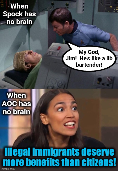 AOC with no brain | When
Spock has
no brain; My God,
Jim!  He's like a lib
bartender! When
AOC has
no brain; Illegal immigrants deserve more benefits than citizens! | image tagged in crazy aoc,memes,bartender,democrats,illegal immigrants,wasteful government spending | made w/ Imgflip meme maker