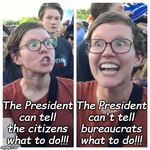 21st Century Communist Indoctrination... | The President can tell the citizens what to do!!! The President can't tell bureaucrats what to do!!! | image tagged in sjw hypocrisy | made w/ Imgflip meme maker