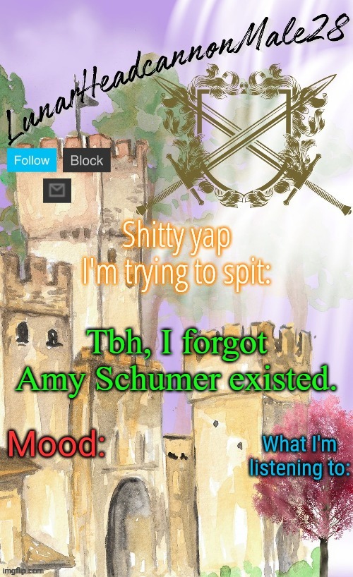 Unfunny comedian who stole other people's jokes, and also said vewy bad things | Tbh, I forgot Amy Schumer existed. | image tagged in lunarheadcanonmale28's announcement template thanks disco,memes,msmg | made w/ Imgflip meme maker