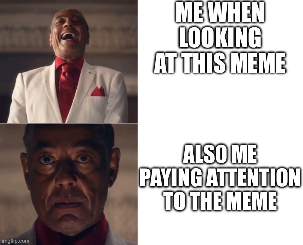 Gus Laughing then Serious | ME WHEN LOOKING AT THIS MEME ALSO ME PAYING ATTENTION TO THE MEME | image tagged in gus laughing then serious | made w/ Imgflip meme maker