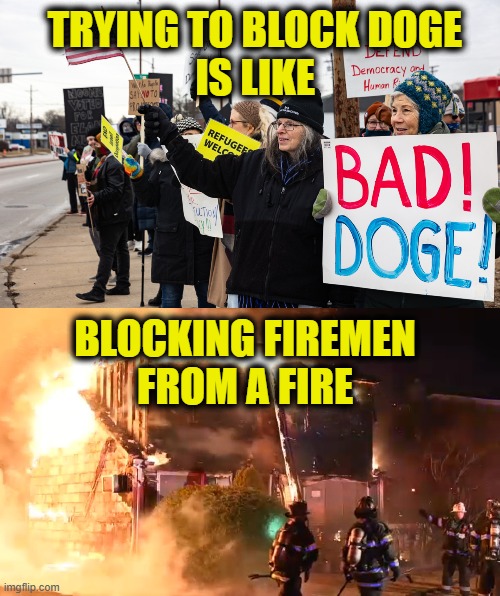 Wrong side of history | TRYING TO BLOCK DOGE
IS LIKE; BLOCKING FIREMEN
FROM A FIRE | image tagged in democrats | made w/ Imgflip meme maker