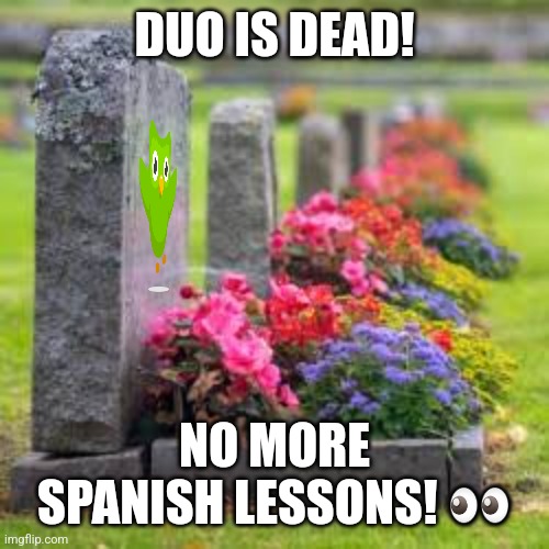 DUO IS DEAD! NO MORE SPANISH LESSONS! 👀 | image tagged in memes,duolingo,dies | made w/ Imgflip meme maker