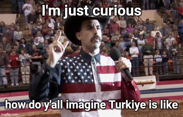 Borat in America flag shirt | I'm just curious; how do y'all imagine Turkiye is like | image tagged in borat in america flag shirt | made w/ Imgflip meme maker