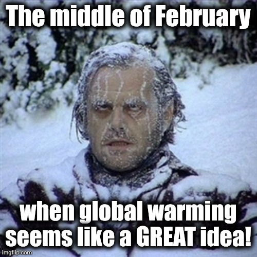 I'm ready for global warming! | The middle of February; when global warming
seems like a GREAT idea! | image tagged in frozen guy,memes,global warming,climate change,democrats,february | made w/ Imgflip meme maker