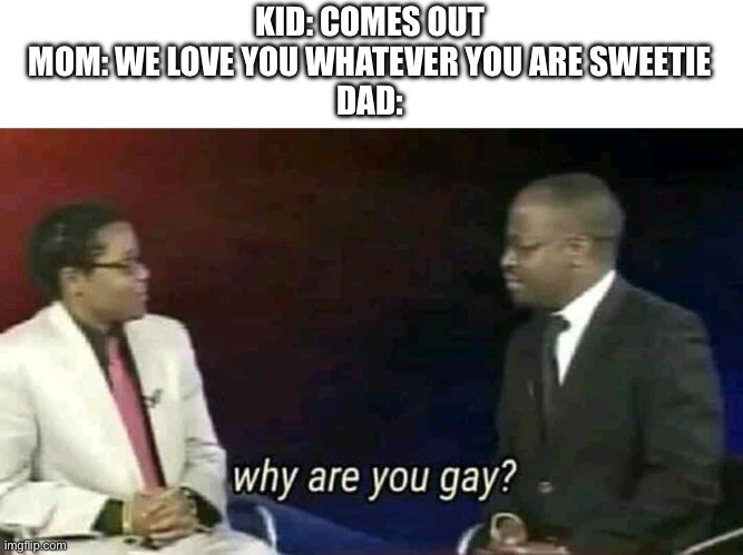 Confusion of the highest orda | KID: COMES OUT
MOM: WE LOVE YOU WHATEVER YOU ARE SWEETIE
DAD: | image tagged in why are you gay,gay,dad | made w/ Imgflip meme maker