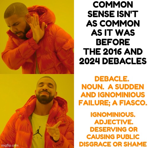 True Dat | COMMON SENSE ISN'T AS COMMON AS IT WAS BEFORE THE 2016 AND 2024 DEBACLES; DEBACLE.  NOUN.  A SUDDEN AND IGNOMINIOUS FAILURE; A FIASCO. IGNOMINIOUS.  ADJECTIVE.  DESERVING OR CAUSING PUBLIC DISGRACE OR SHAME | image tagged in memes,drake hotline bling,donald trump is a convicted rapist,rapist,lock him up,maga | made w/ Imgflip meme maker