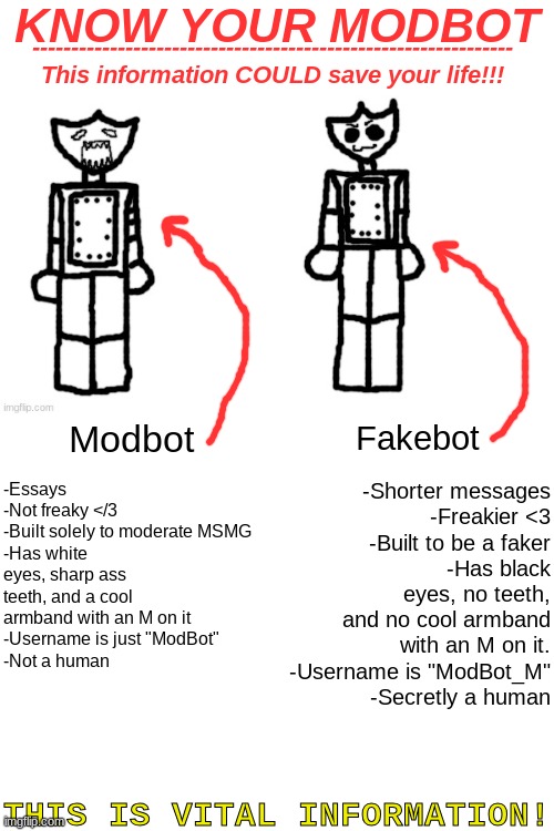 I drew this, Credits to both modbots. | KNOW YOUR MODBOT; --------------------------------------------------------------
This information COULD save your life!!! Modbot; Fakebot; -Essays
-Not freaky </3
-Built solely to moderate MSMG
-Has white eyes, sharp ass teeth, and a cool armband with an M on it
-Username is just "ModBot"
-Not a human; -Shorter messages
-Freakier <3
-Built to be a faker
-Has black eyes, no teeth, and no cool armband with an M on it.
-Username is "ModBot_M"
-Secretly a human; THIS IS VITAL INFORMATION! | made w/ Imgflip meme maker