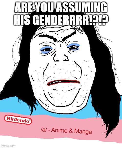 Angry tranny soyjak | ARE YOU ASSUMING HIS GENDERRRR!?!? | image tagged in angry tranny soyjak | made w/ Imgflip meme maker