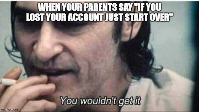 SHUT | WHEN YOUR PARENTS SAY "IF YOU LOST YOUR ACCOUNT JUST START OVER" | image tagged in you wouldn't get it | made w/ Imgflip meme maker