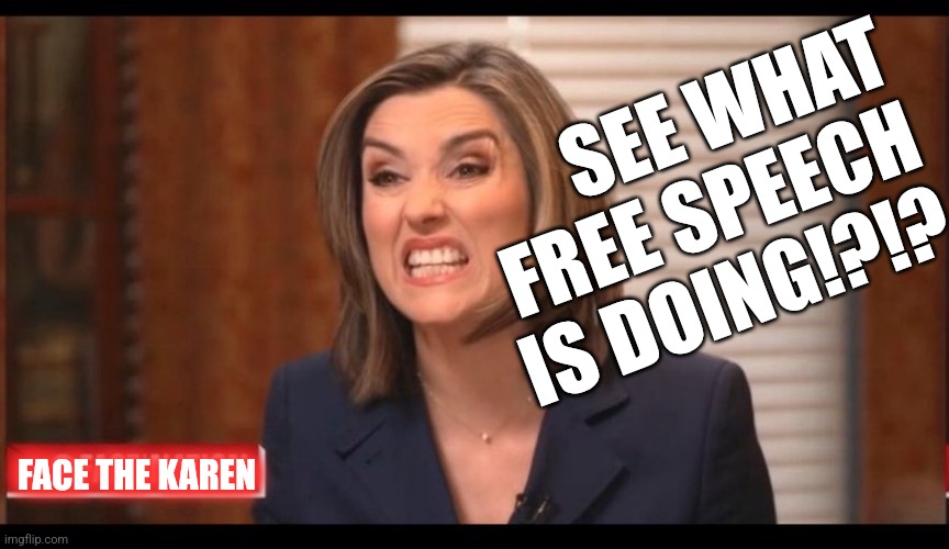 Margaret Brennan | SEE WHAT FREE SPEECH IS DOING!?!? FACE THE KAREN | image tagged in margaret brennan | made w/ Imgflip meme maker