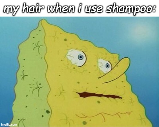 Image TItle | my hair when i use shampoo: | image tagged in dehydrated spongebob,hair,shampoo,dry | made w/ Imgflip meme maker