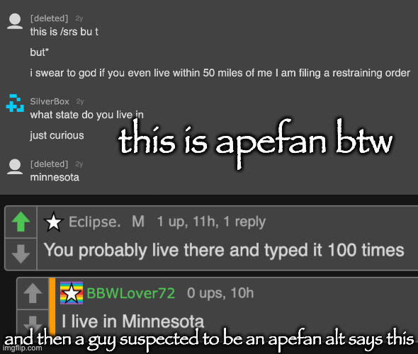 this is apefan btw; and then a guy suspected to be an apefan alt says this | made w/ Imgflip meme maker