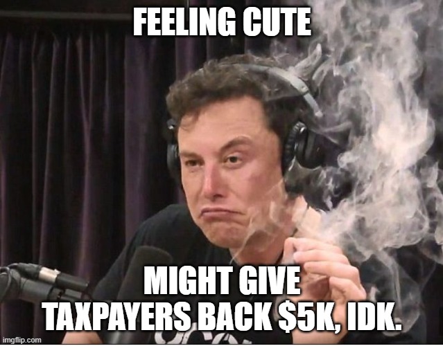 Elon Musk smoking a joint | FEELING CUTE MIGHT GIVE TAXPAYERS BACK $5K, IDK. | image tagged in elon musk smoking a joint | made w/ Imgflip meme maker