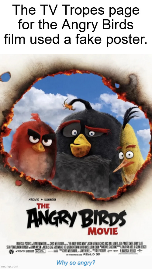 How? | The TV Tropes page for the Angry Birds film used a fake poster. | image tagged in memes,funny,tv tropes,poster | made w/ Imgflip meme maker